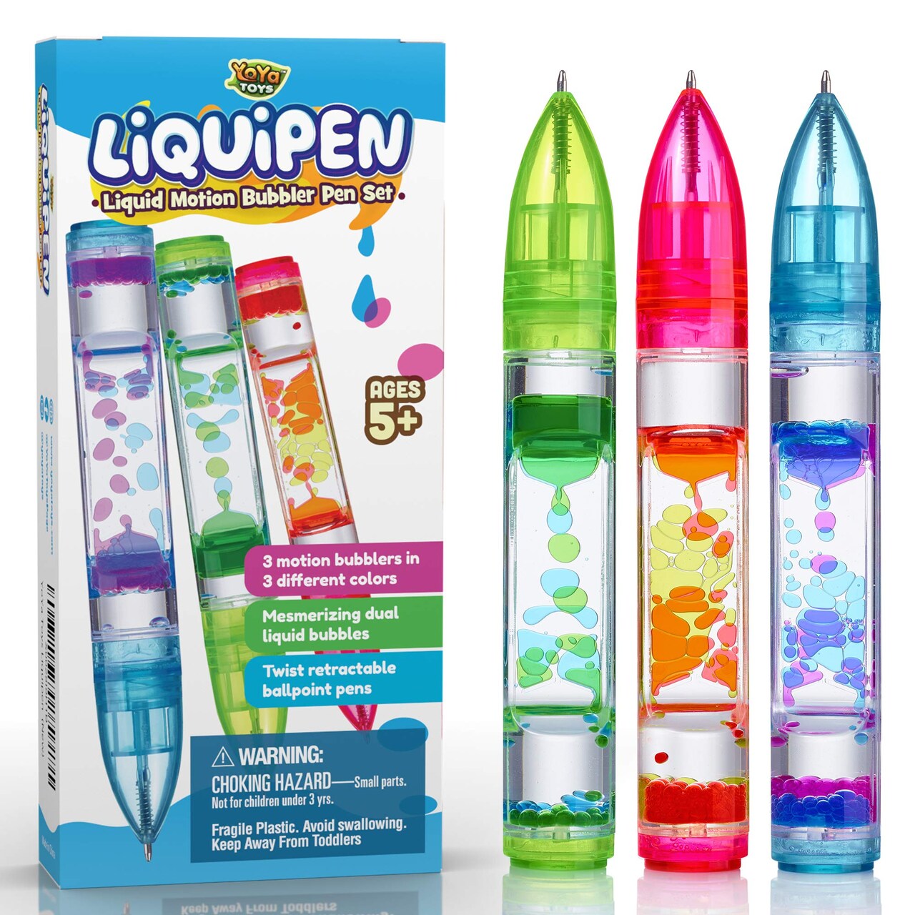 Toys Liquipen - Liquid Motion Bubbler Pen Toy (3 Pack) - 3 Colors - Colorful Timer Pens for Focus, Stress & Anxiety Relief - Fun Desk Fidget Toy for School & Office - Great Gift for Kids & Adults